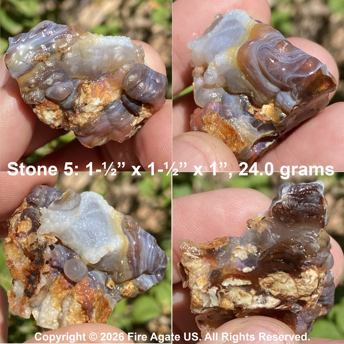 Four-panel close-up collage of a rough fire agate stone being held in fingers outdoors. The stone shows translucent bands of gray, smoky purple, brown, and white with crystalline texture.