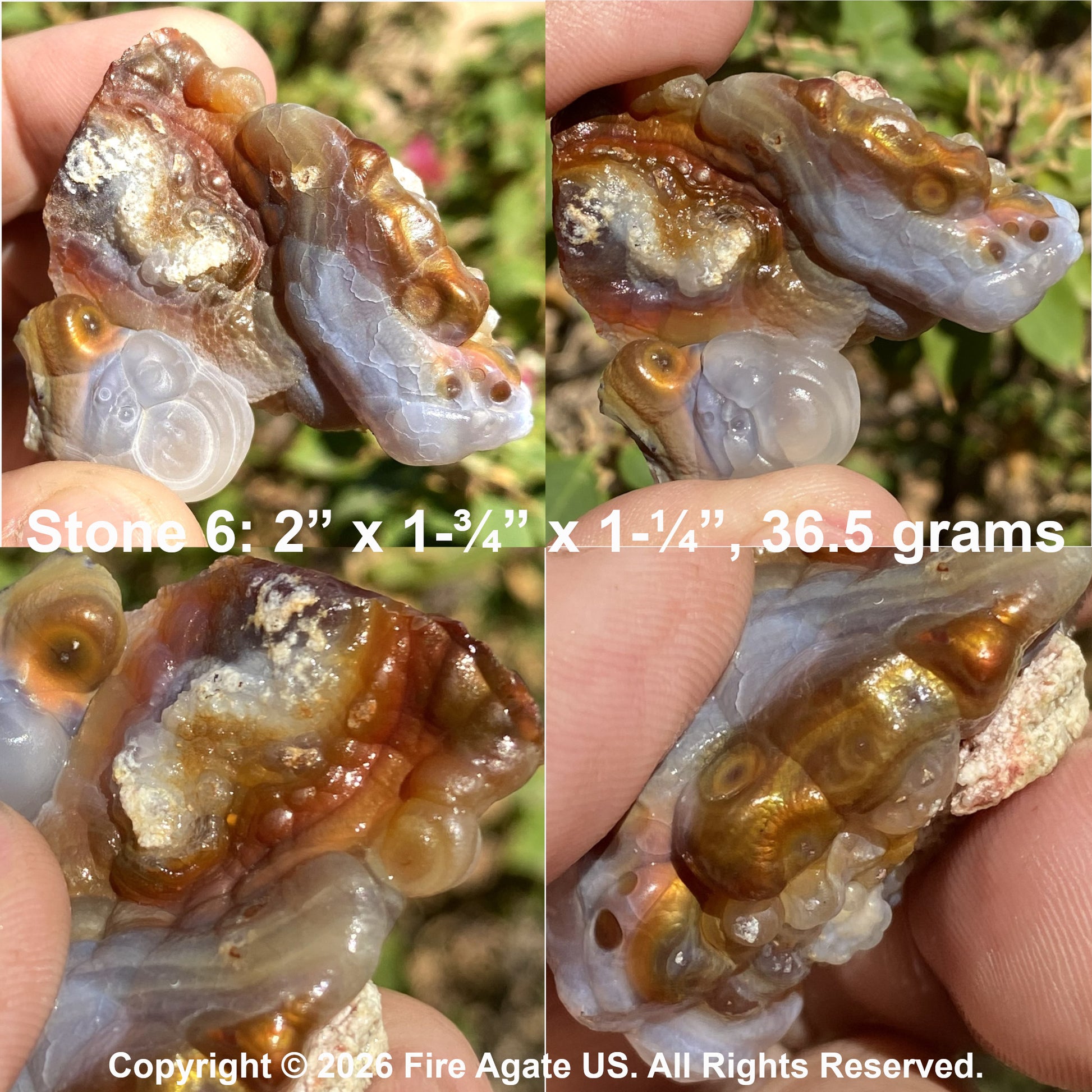 A four panel close-up collage of a semi-precious fire agate rough gemstone held in a hand outdoors. The stone has marbled translucent bands of white, gray, amber-brown, and coppery orange, with a small embedded crystal cluster.