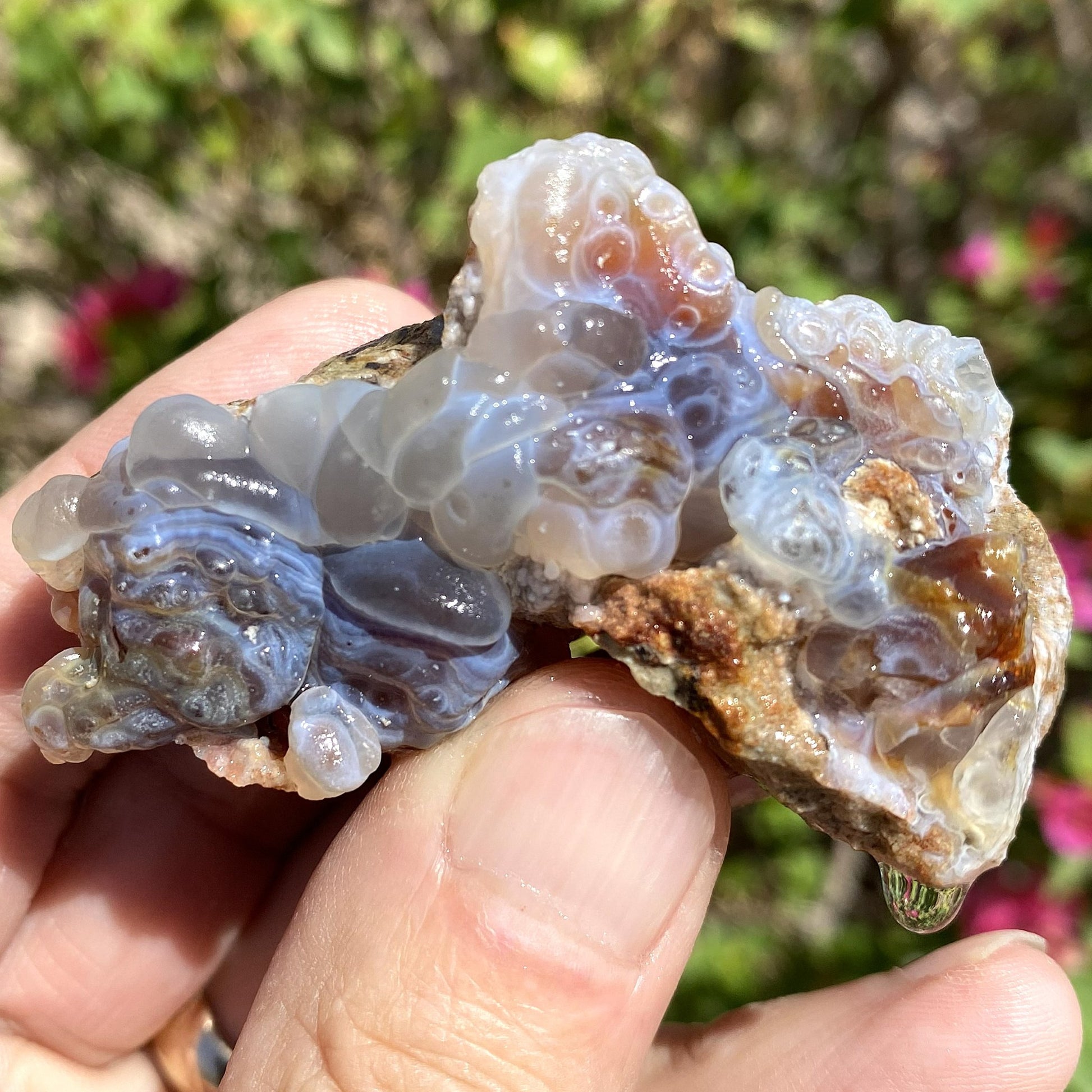 A close-up of a person's hand holding a piece of fire agate crystal formation with translucent blue, gray, and white bubbled patterns over a brown matrix, with a blurred green garden background.