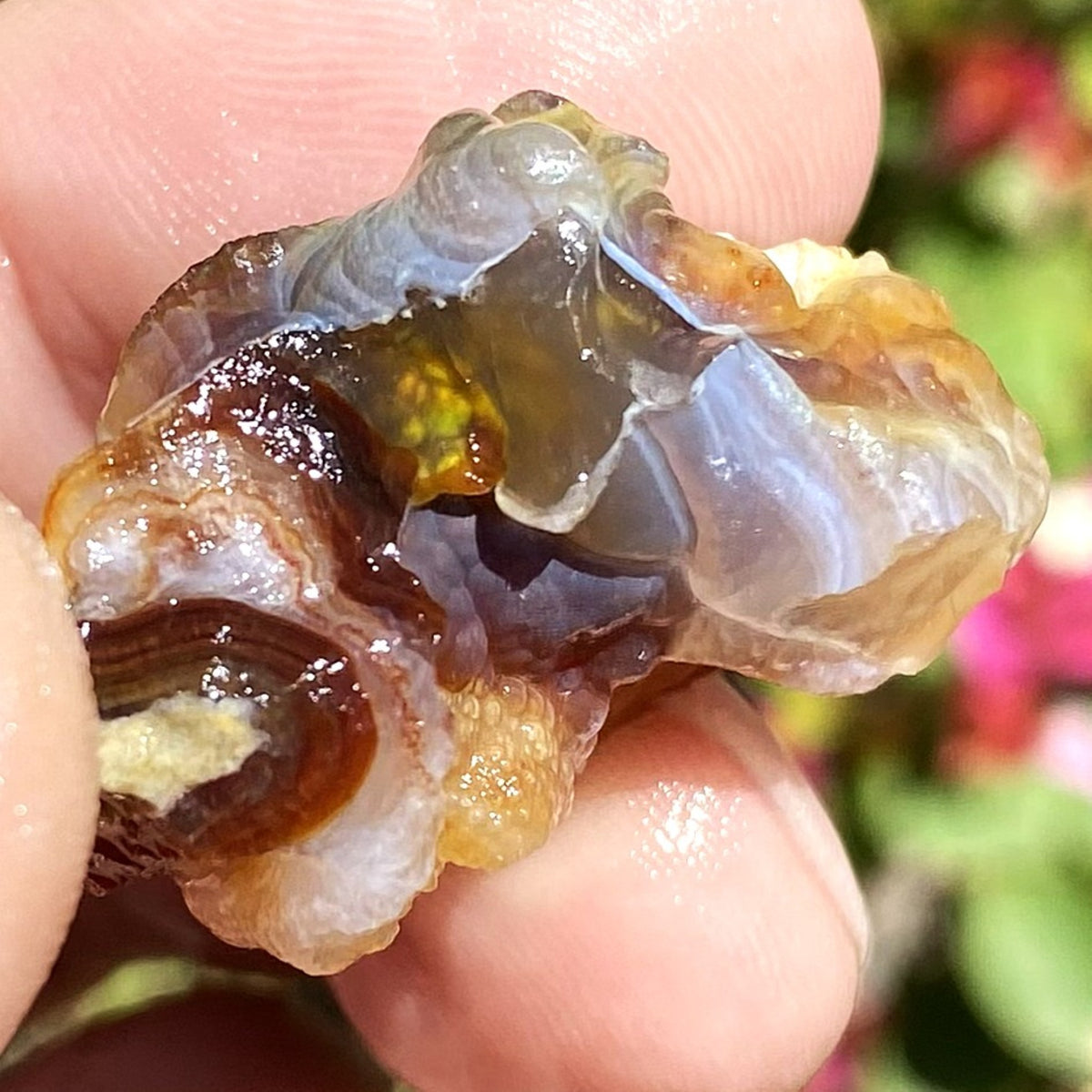 A close-up of a person's fingers holding a natural fire agate stone with layered translucent bands of amber, brown, smoky gray, and pale blue, set against a blurred outdoor background with pink flowers.