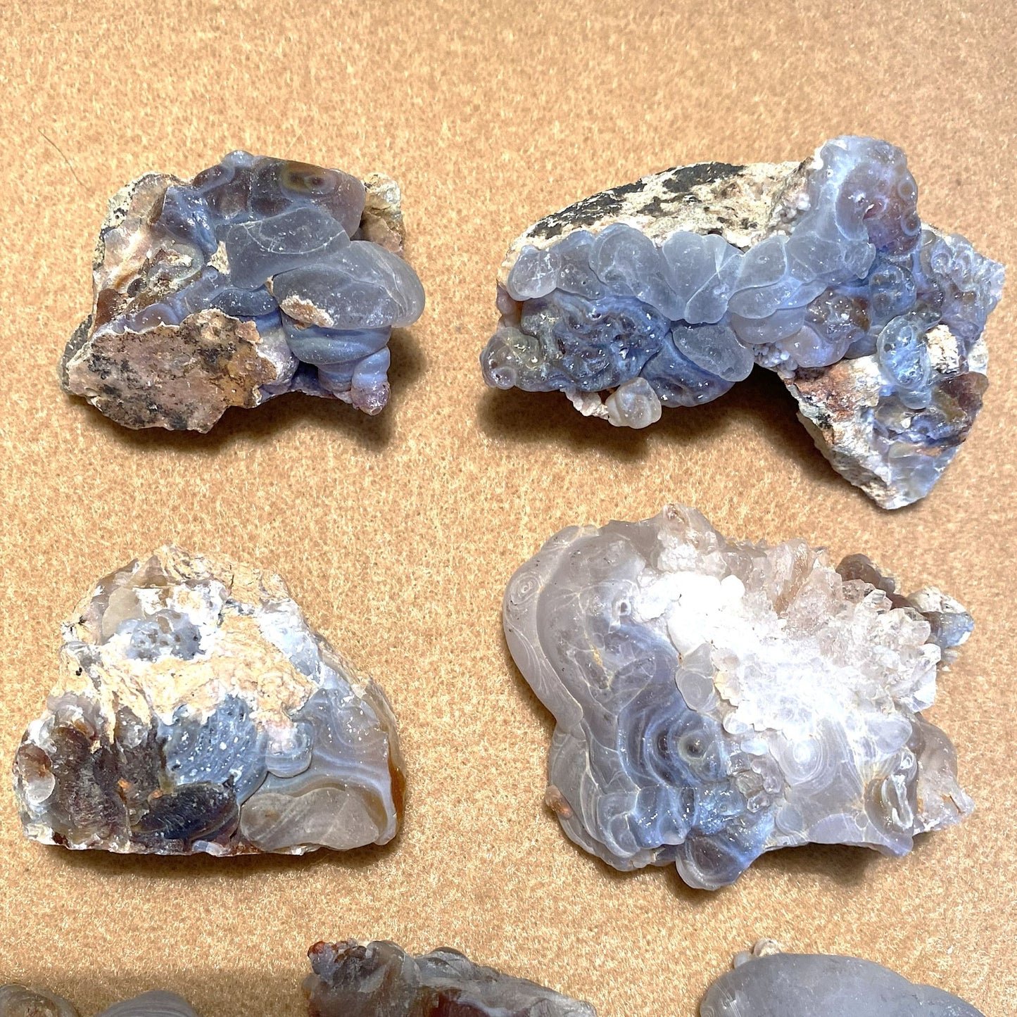 Four raw fire agate crystal specimens with layered banding patterns in blue, gray, white, and brown, arranged on a textured tan background.