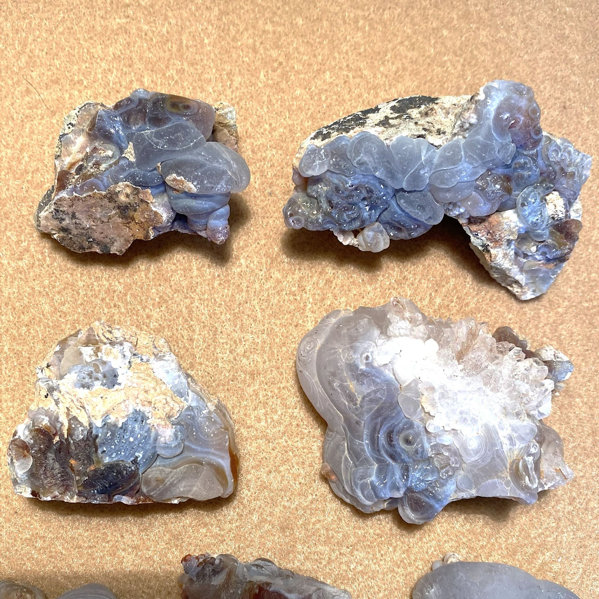 Four raw fire agate crystal specimens with layered banding patterns in blue, gray, white, and brown, arranged on a textured tan background.