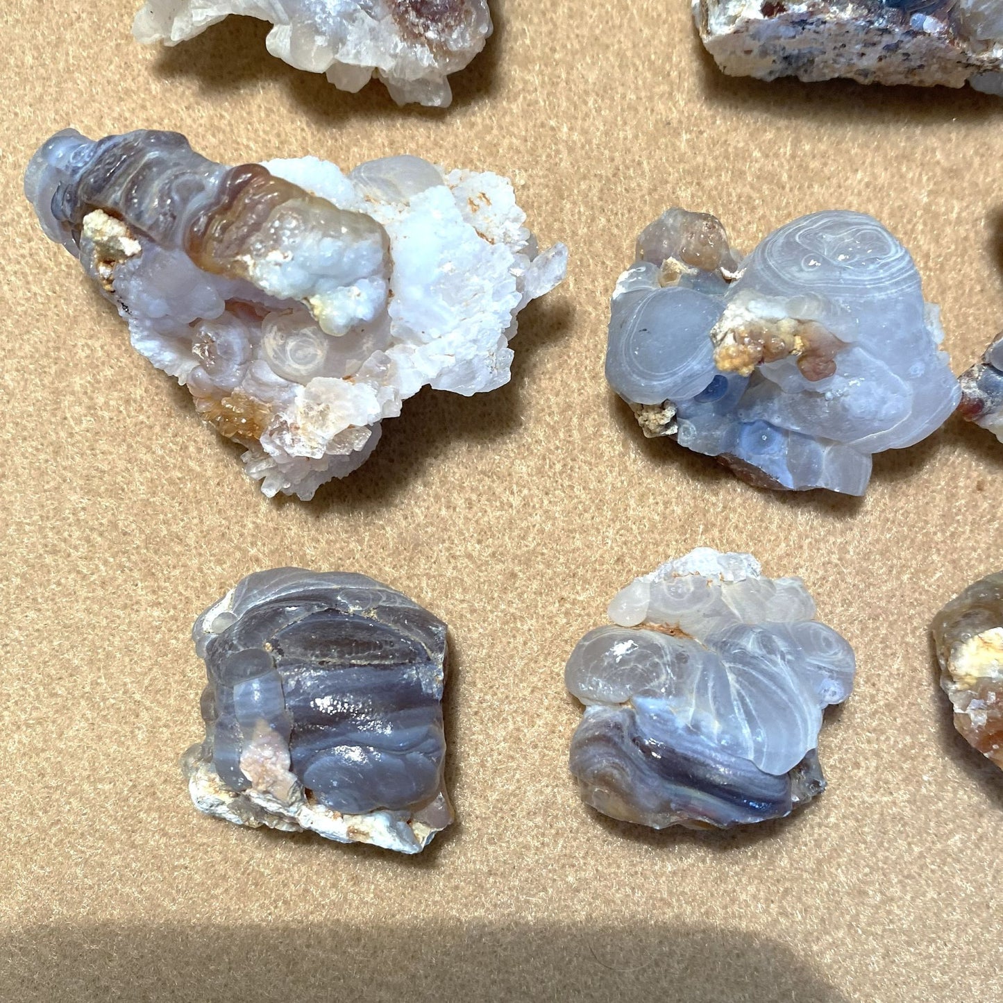 Several small pieces of fire agate rough with layered blue, gray, white, and amber-brown bands arranged on a tan textured surface.