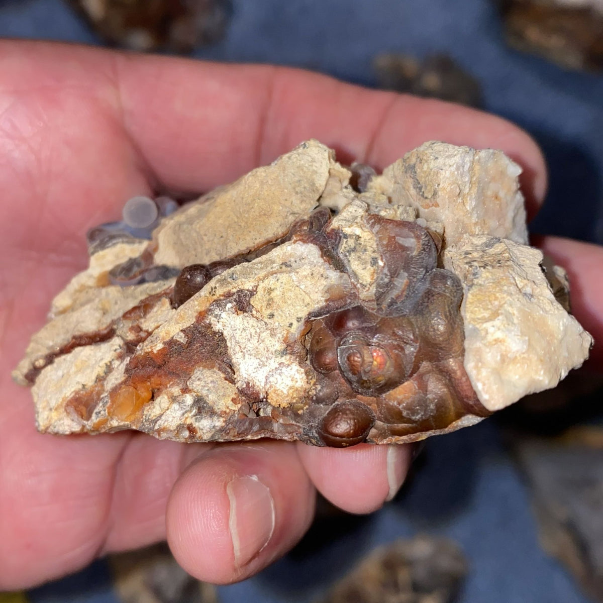 A hand holding a rough, irregular piece of amber-brown fire agate with a crystalline texture, photographed close-up against a blurred dark blue background.