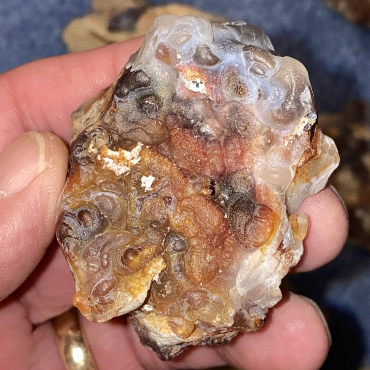A close-up of a hand holding a rough, porous fire agate specimen with mottled brown, tan, cream, and translucent white areas against a dark blue background.
